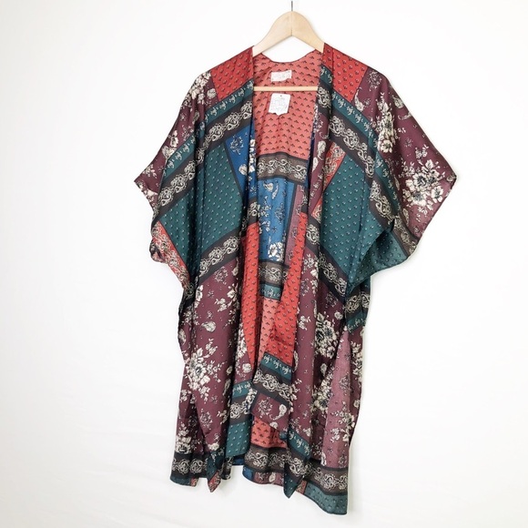 Free People New Mon Cherry boho satin patchwork kimono - Picture 9 of 12